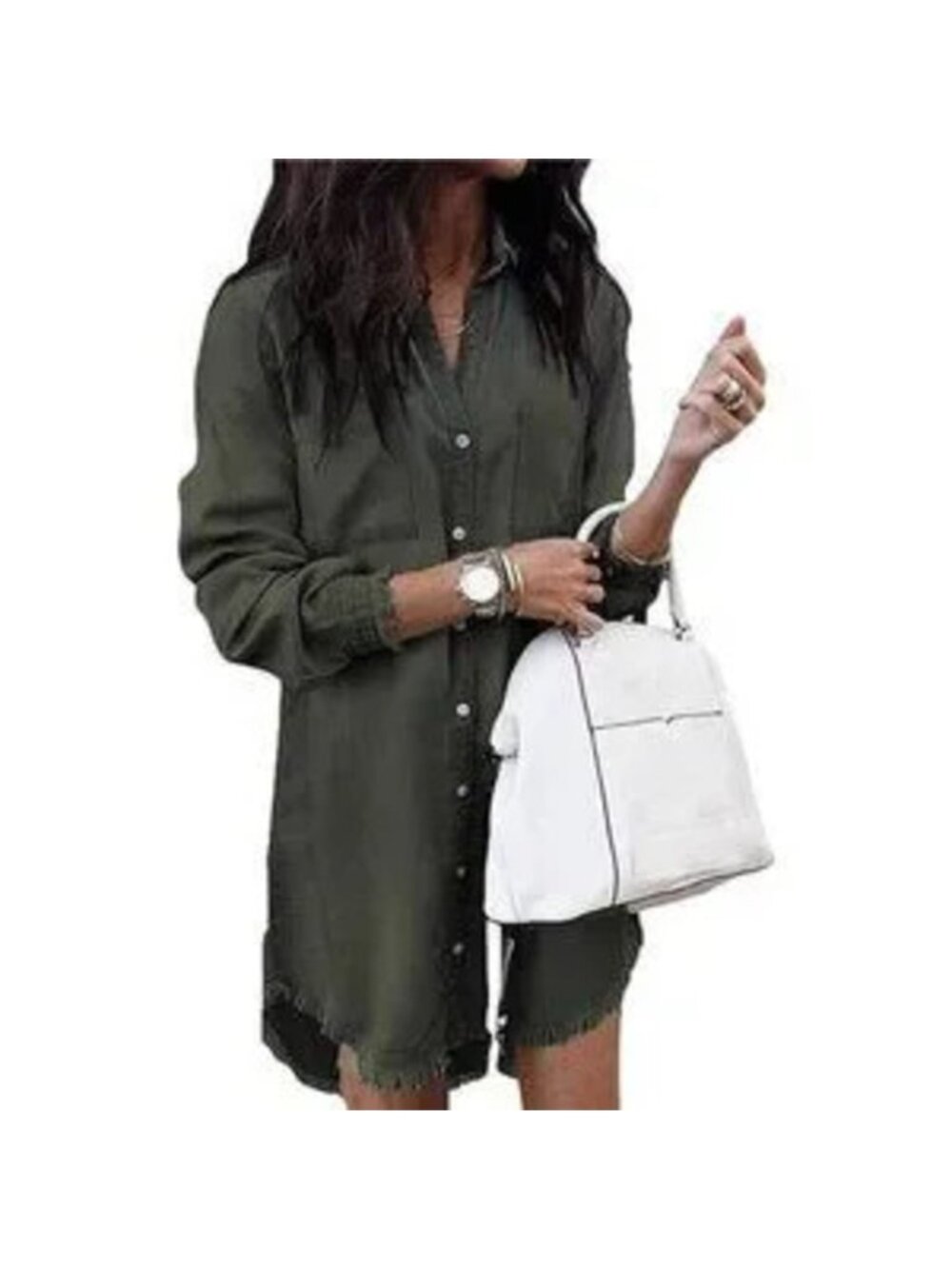 Women Denim Shirt Dresses Long Sleeve Distressed Jean Dress